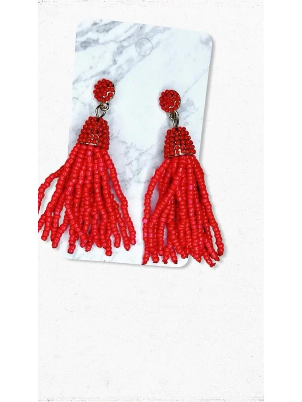 5778gc. Red Tassel Earrings - Picture 2 of 5